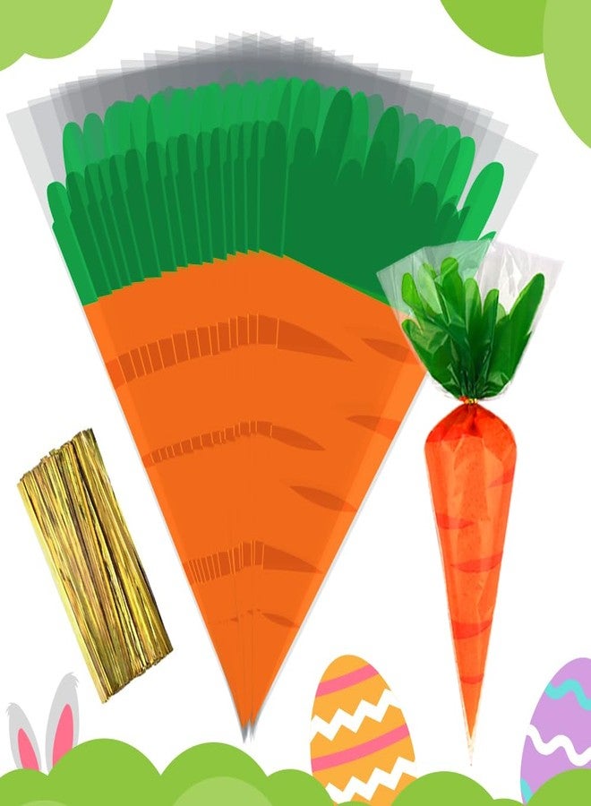 Threetols Easter Carrot Cone Cellophane Bags - Creative Shape Treat Candy Triangle Cello Orange With Twist Ties for Party Favor (100pcs) - Image 1